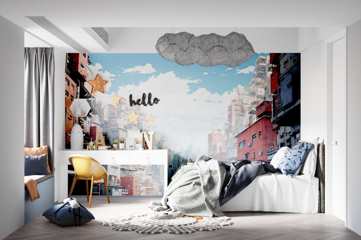 Space battle mural wallpaper in media room with ambient lighting