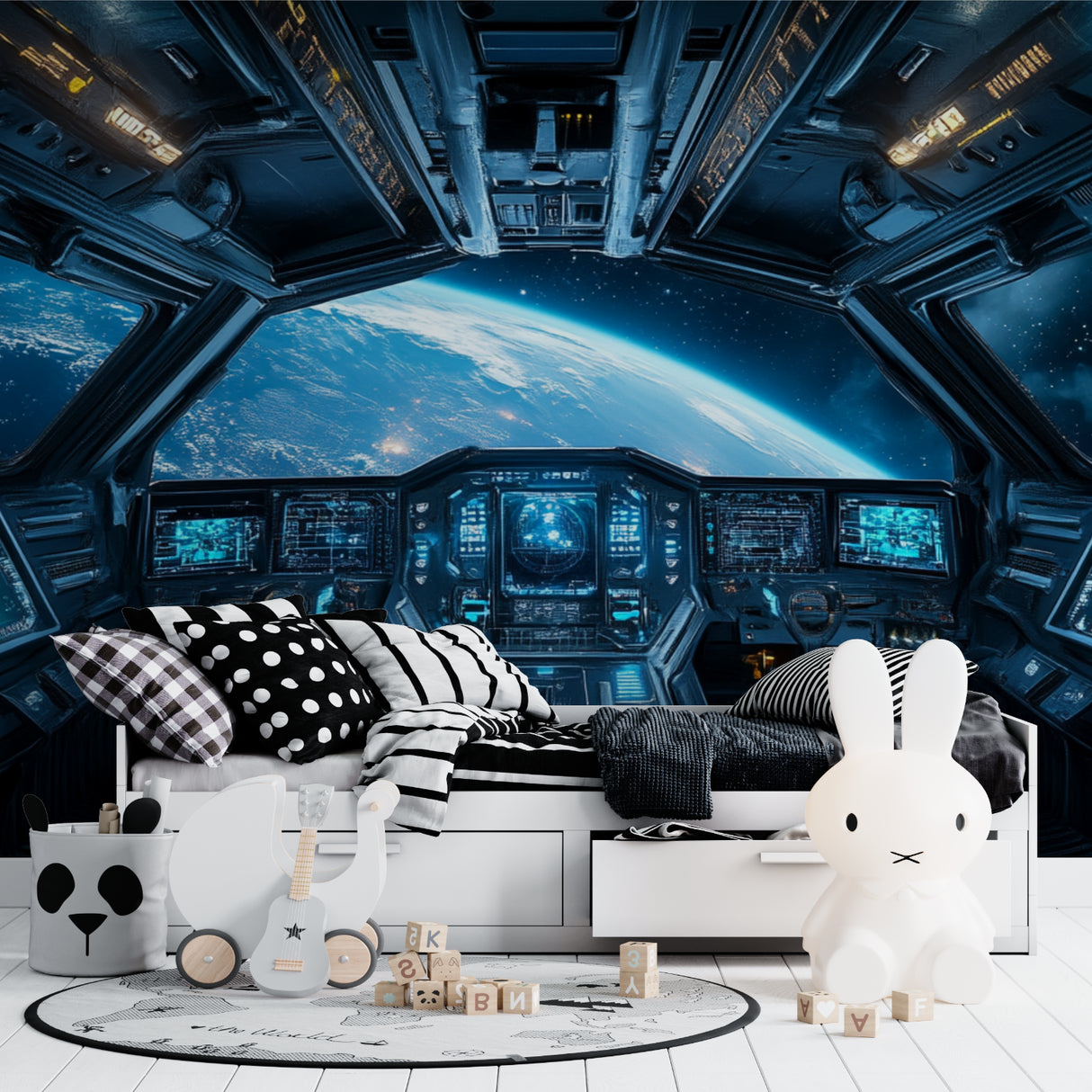 Space cockpit wallpaper in modern gaming room with ambient lighting