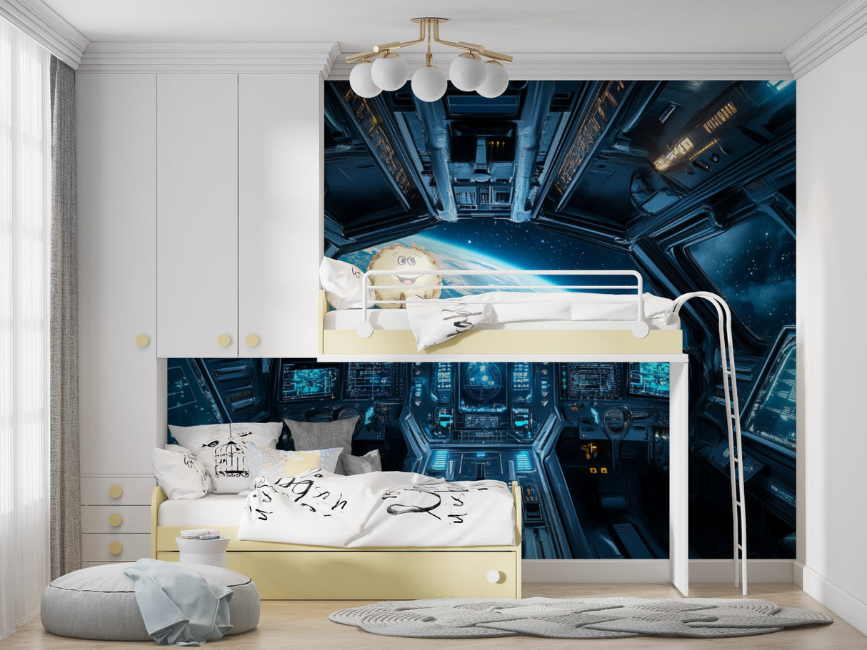 Spacecraft control panel mural in teenager's bedroom creating immersive space atmosphere