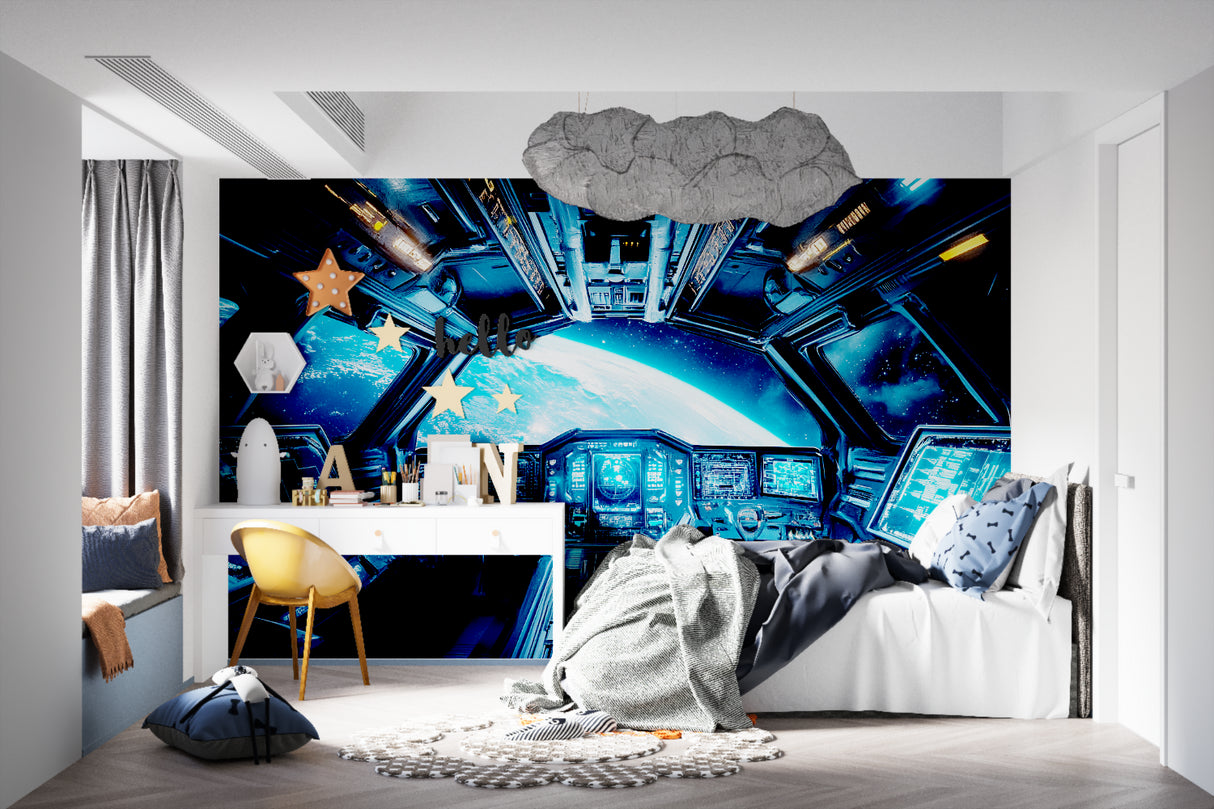 Space station cockpit wallpaper in home office with desk setup