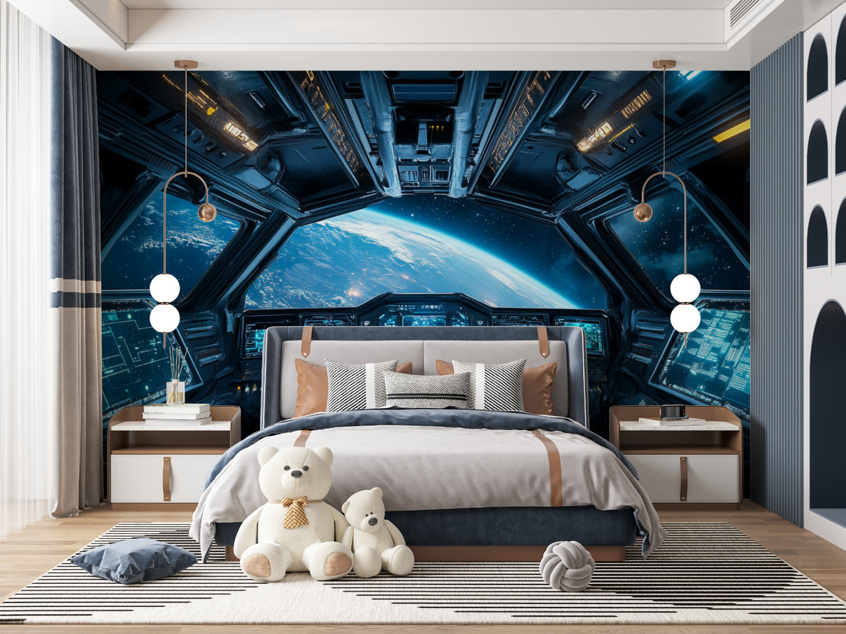 Futuristic spacecraft mural in children's play area showing scale and detail