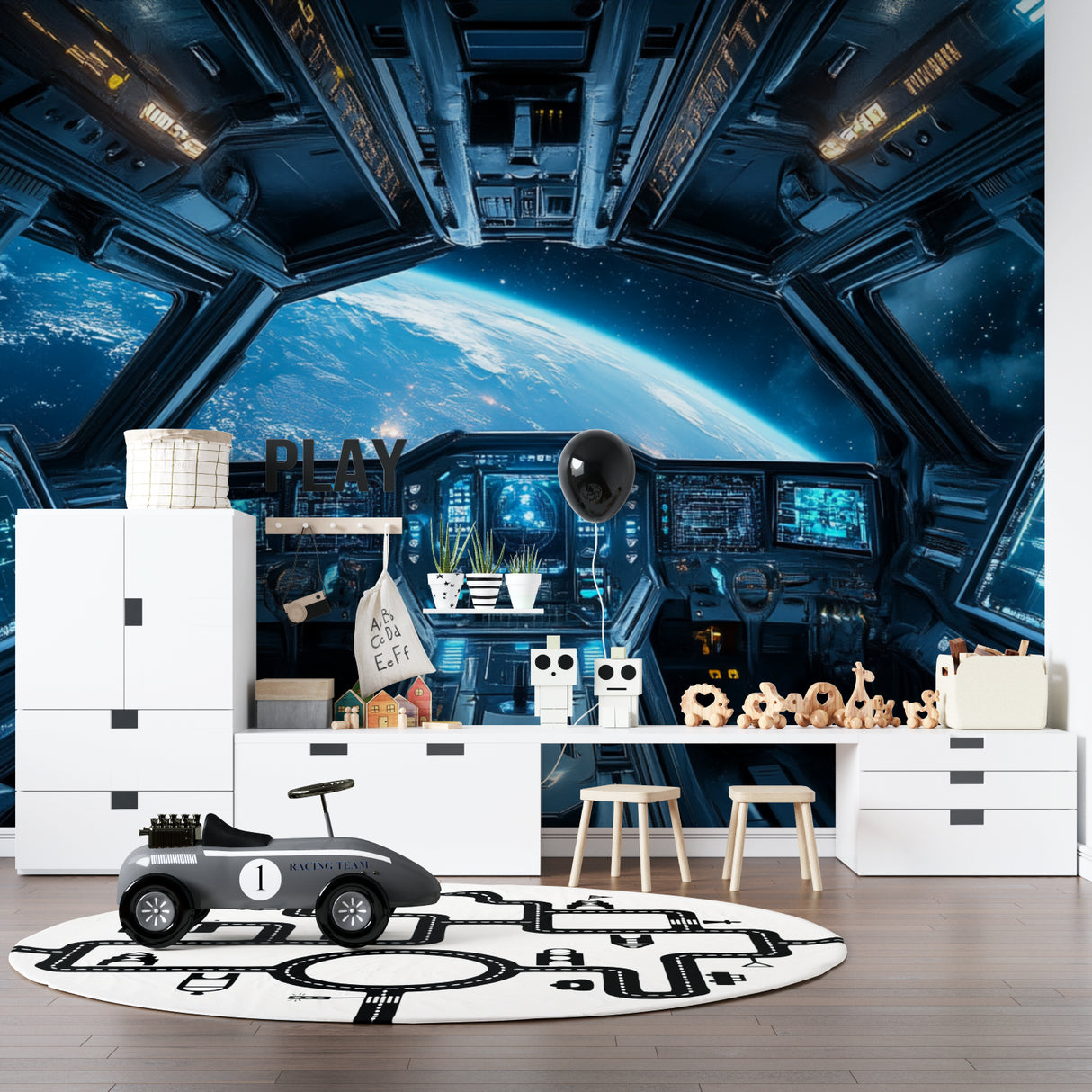 Space command center wallpaper in media room with gaming setup