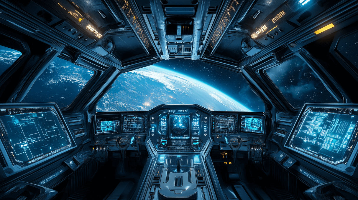 Spacecraft cockpit control panel design file showing intricate details and digital displays