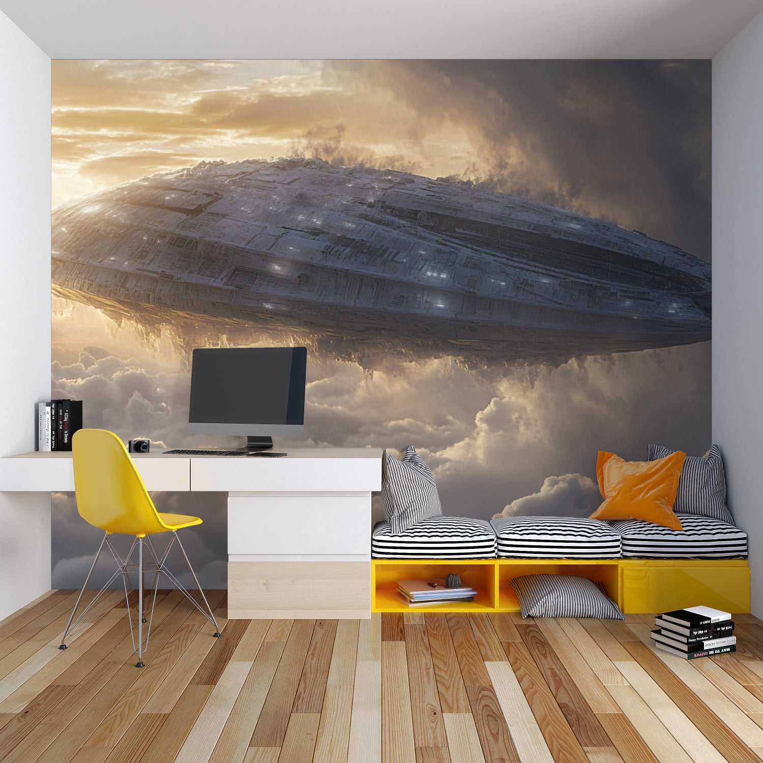 Spacecraft wall mural in teen bedroom showing golden clouds and dramatic lighting effects