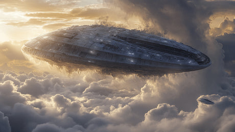Spacecraft in golden clouds design file showing intricate details and rich color palette
