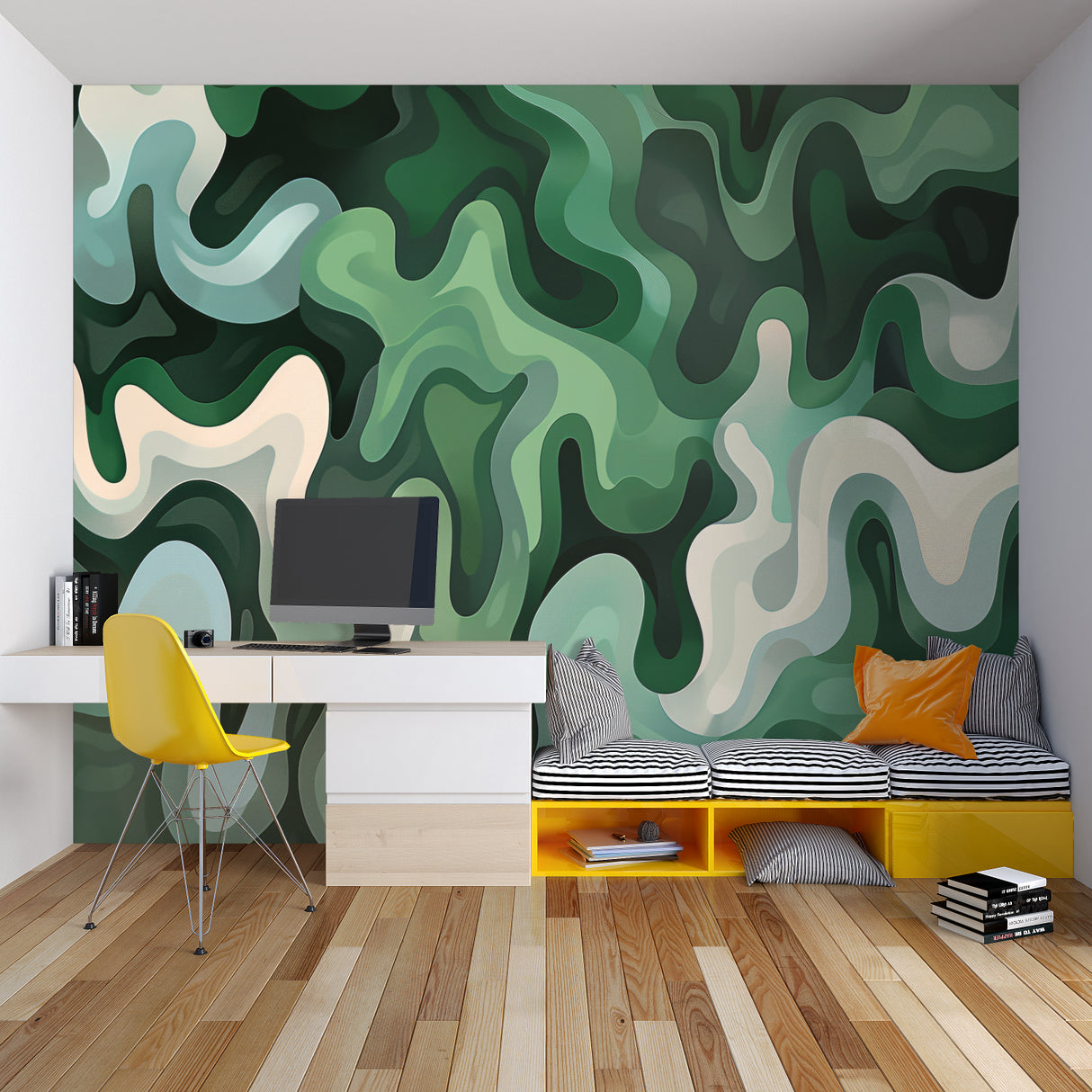 Futuristic whale ship wallpaper in office space with minimal furniture