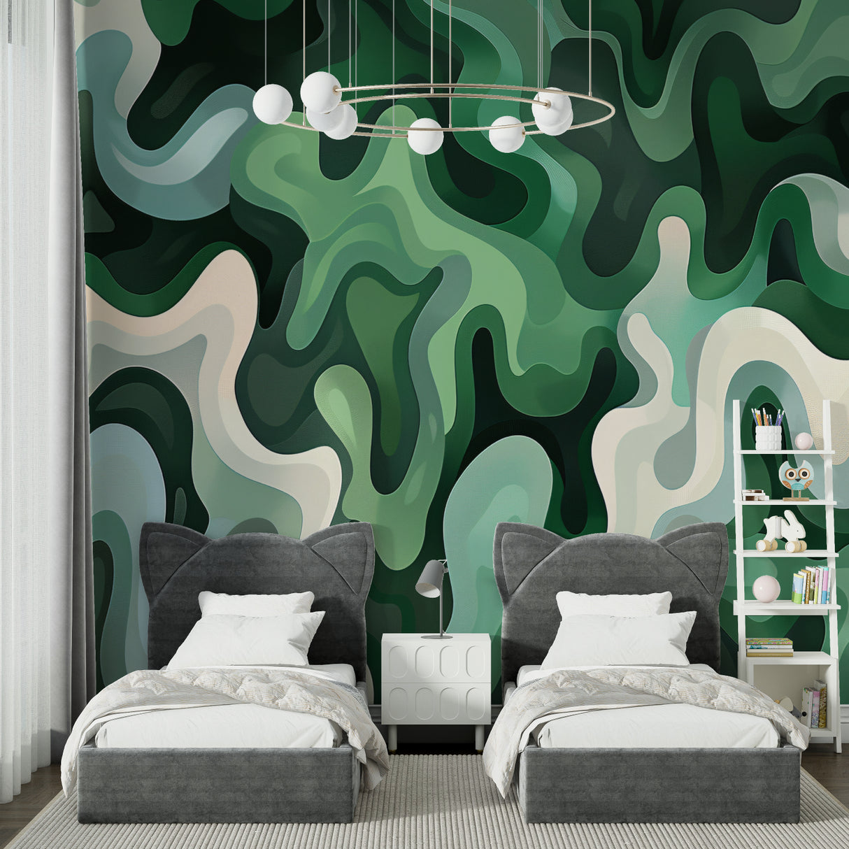 Mechanical whale wallpaper transforming modern living room with dramatic lighting