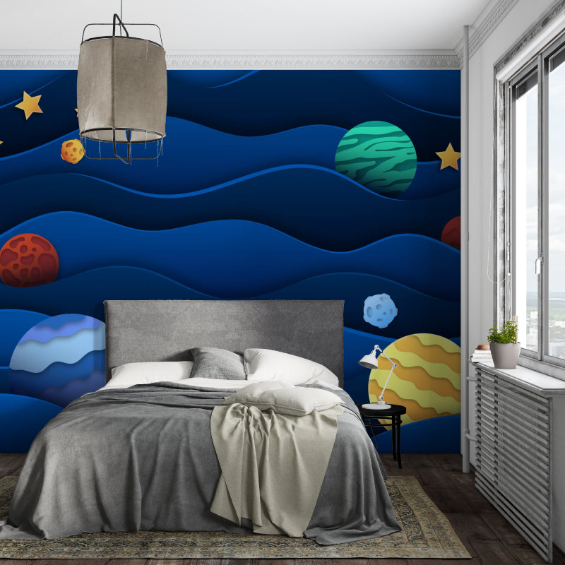 Space theme wallpaper bringing cosmic wonder to a modern kids bedroom with floating planets and stars