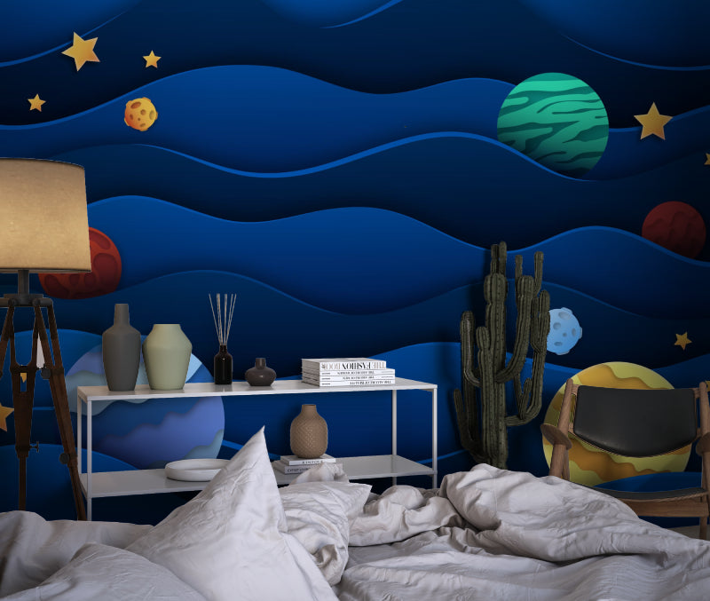 Galaxy wave mural creating magic in a teen study room with deep blues and golden planets