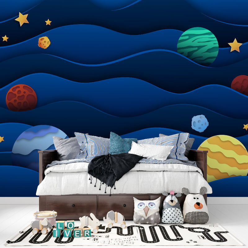 Space wallpaper transforming a playroom with swirling galaxy patterns and vibrant planets
