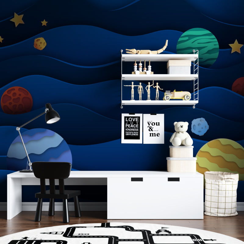 Planet wallpaper adding cosmic charm to a gaming room with flowing galaxy waves
