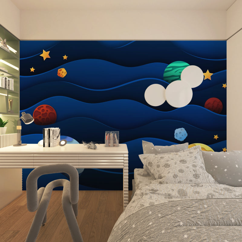 Space mural bringing stellar beauty to a reading nook with twinkling stars and planets