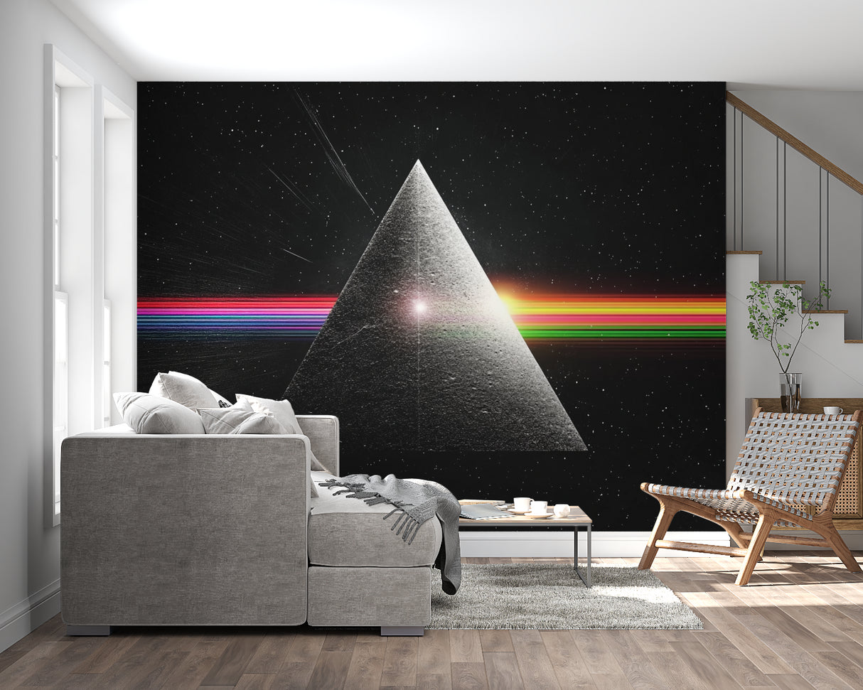 Geometric space wallpaper with rainbow prism effects in a modern minimalist living room setting