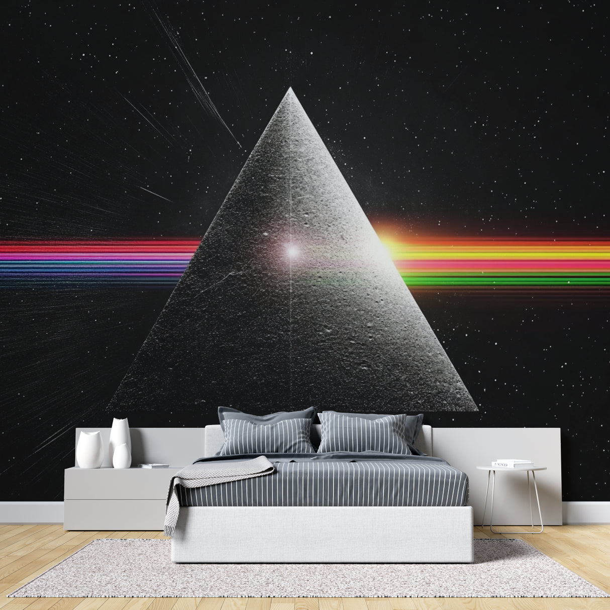 Rainbow geometric wall mural creating depth in a contemporary home office space