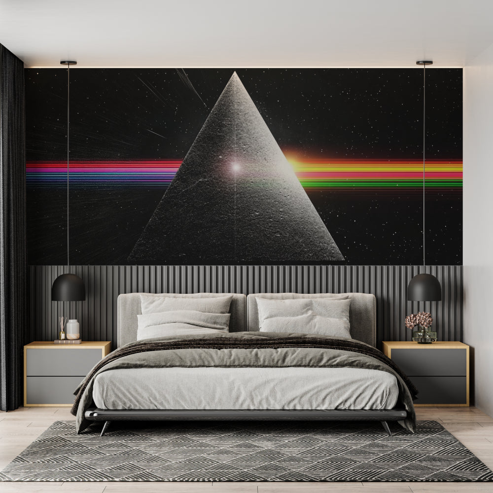 Modern geometric space wallpaper with prism design in a teen bedroom