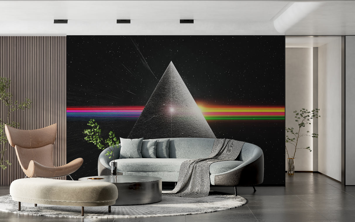 Abstract geometric rainbow mural in a creative studio space