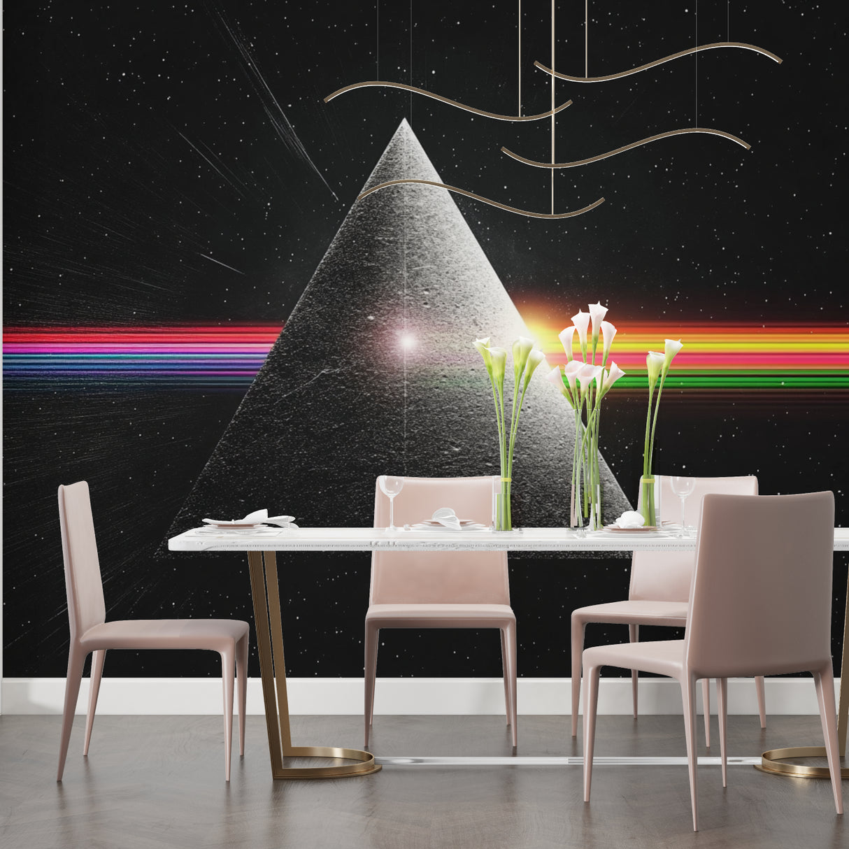 Space-themed geometric wallpaper adding drama to a dining room wall