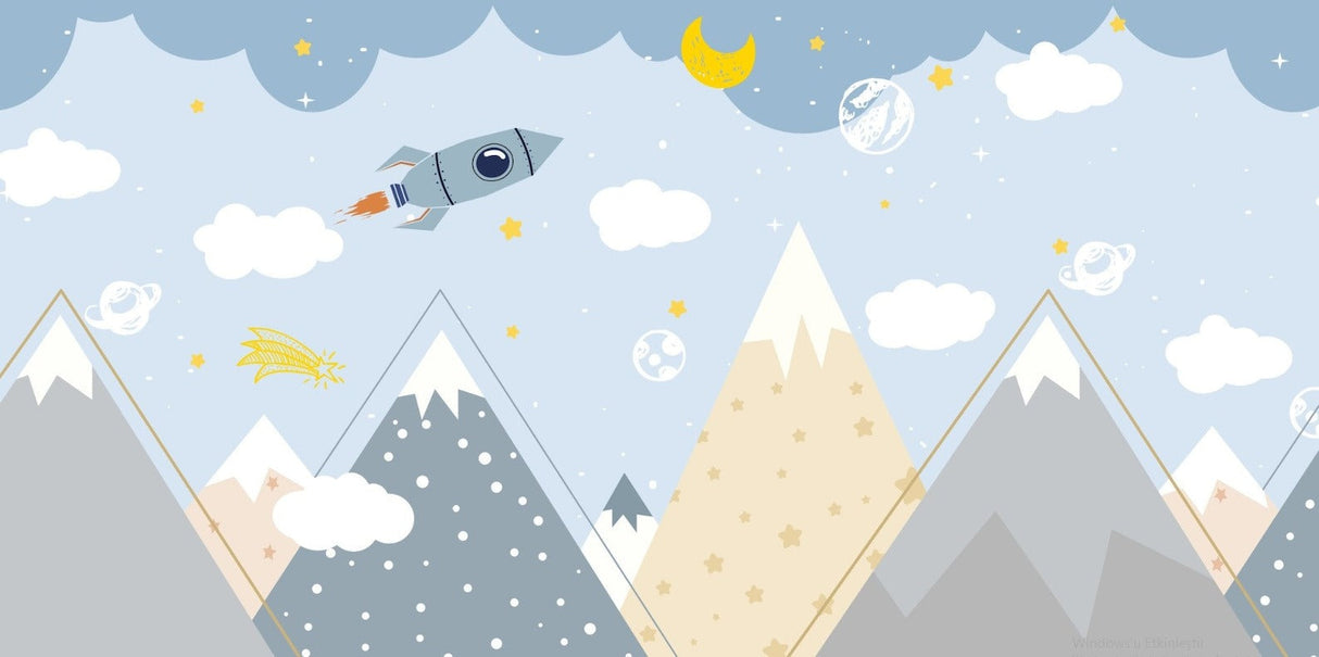 Space and mountain adventure wallpaper design file showing detailed pattern with rockets and stars