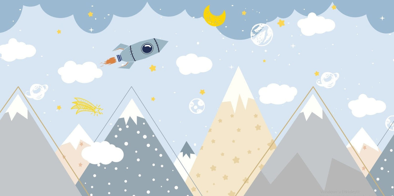 Space and mountain adventure wallpaper design file showing detailed pattern with rockets and stars