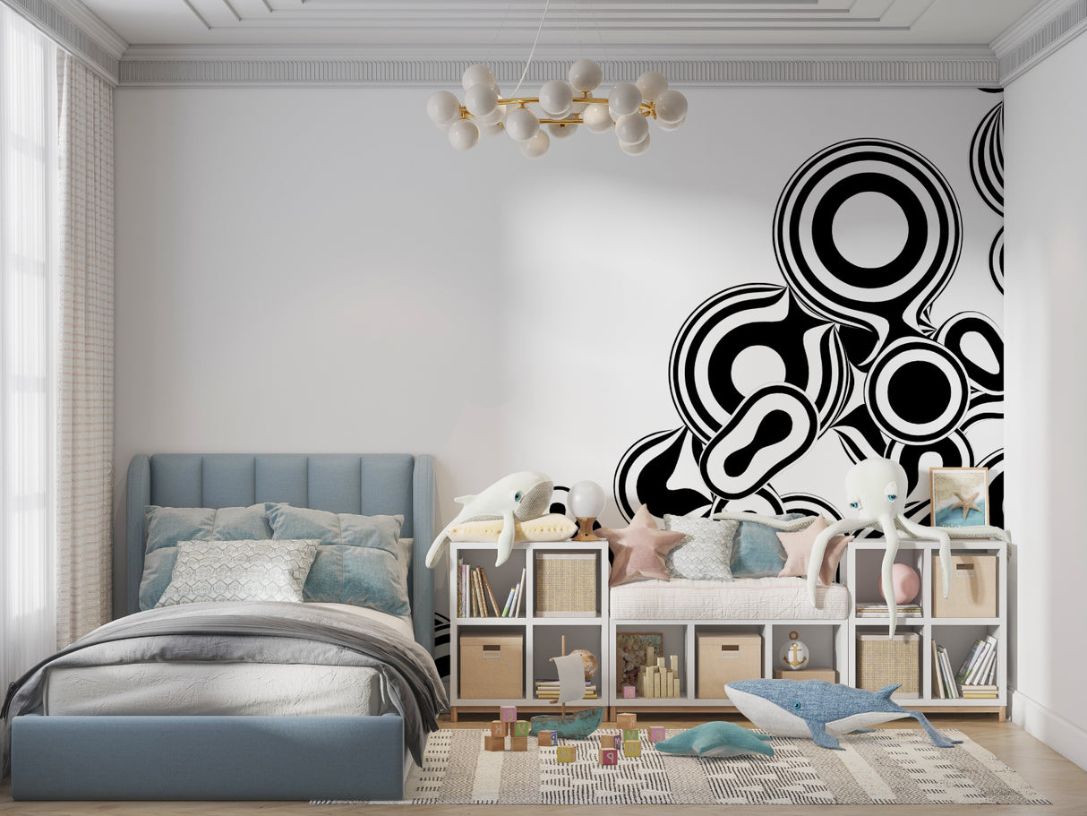 Neon space wallpaper bringing cosmic magic to a modern kids bedroom with glowing rockets and stars