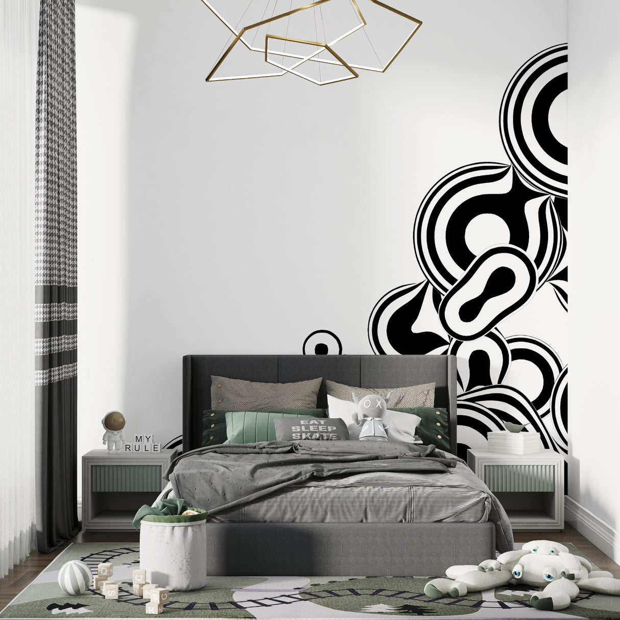 Playroom transformed with vibrant neon galaxy wallpaper featuring colorful space elements