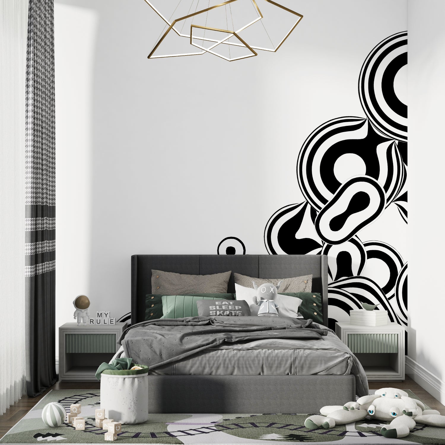 Playroom transformed with vibrant neon galaxy wallpaper featuring colorful space elements