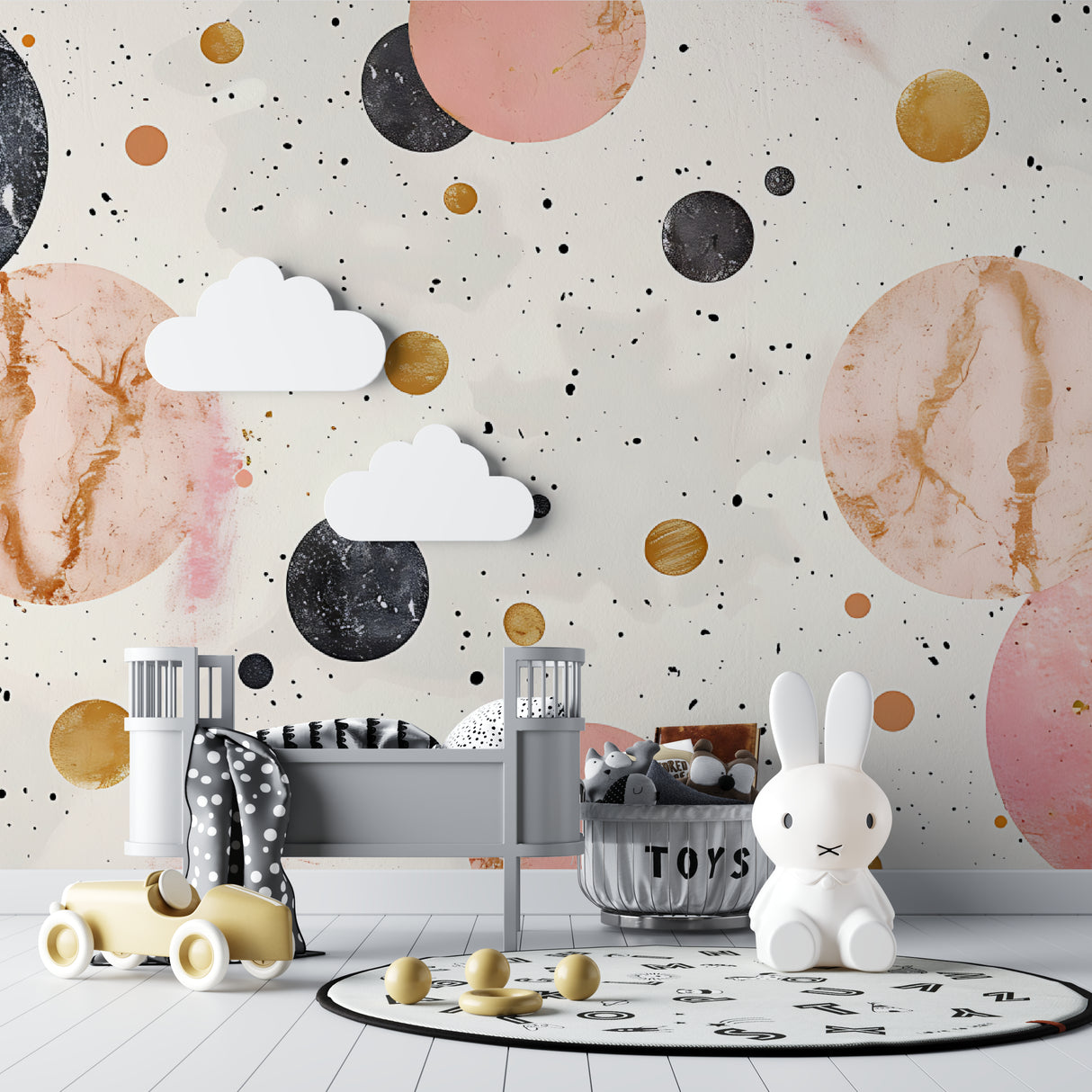 Children's bedroom featuring planet wallpaper with pink and gold celestial design
