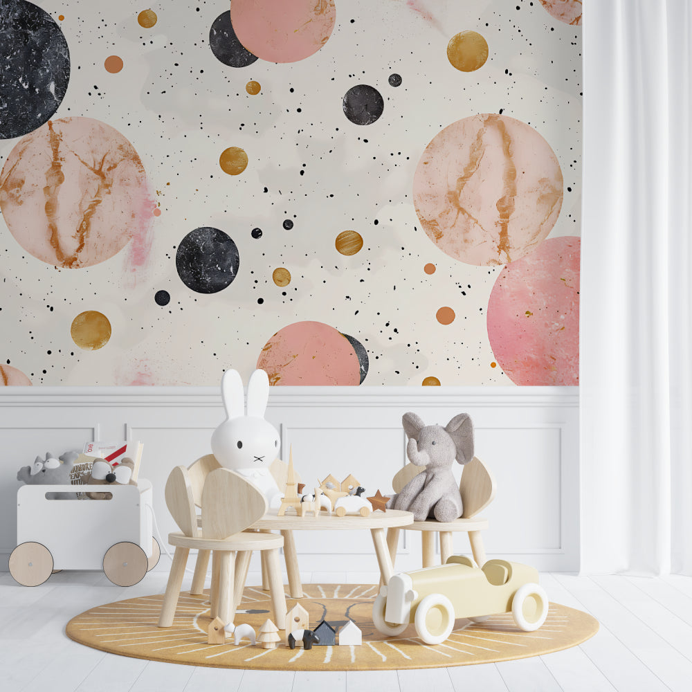 Pink galaxy wallpaper in playroom showing scale and impact of space design