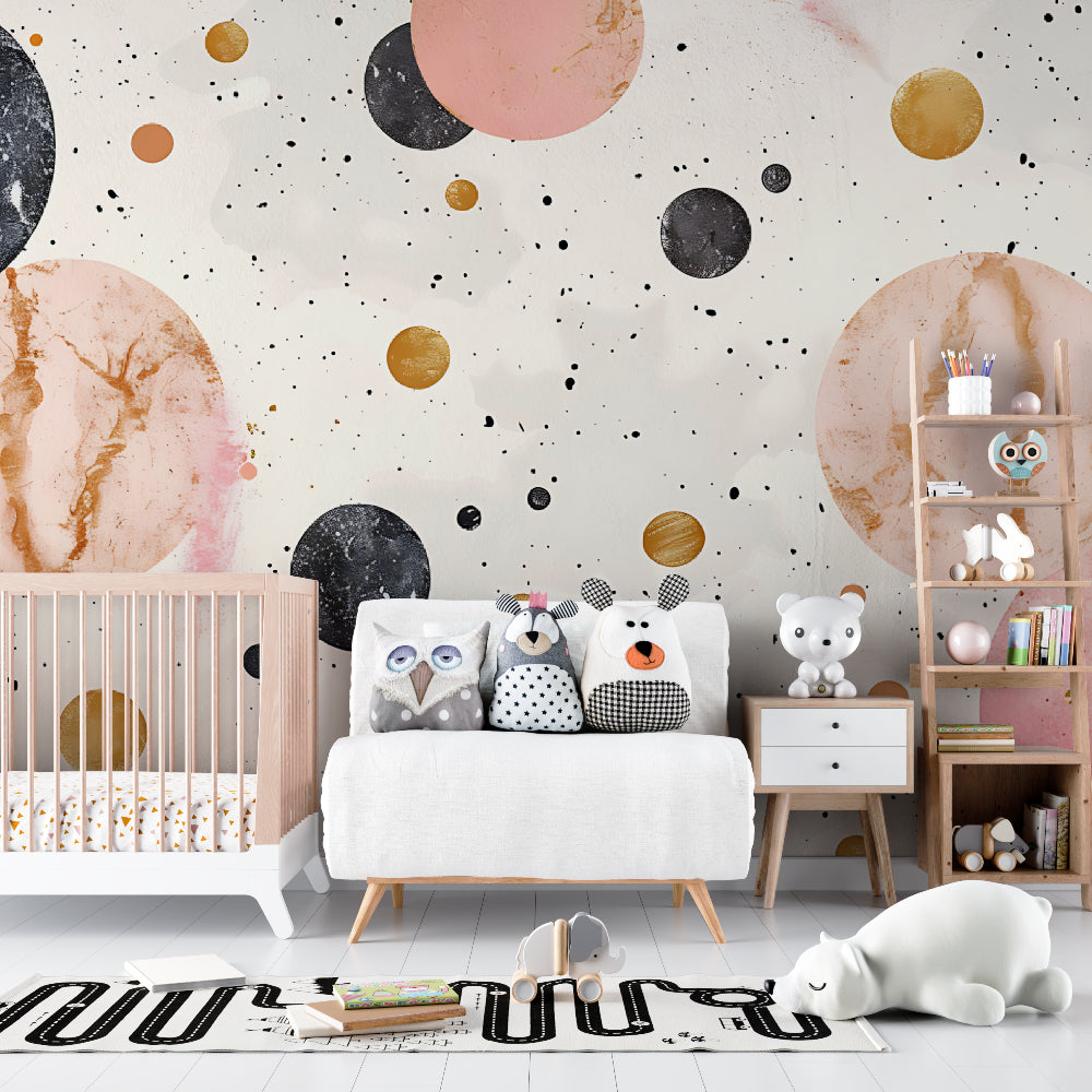 Reading nook with pink and gold planet mural creating cozy space atmosphere