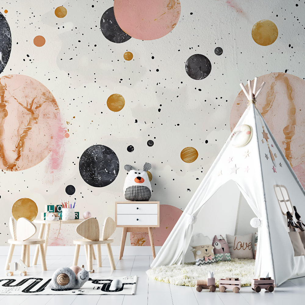 Teen bedroom showcasing modern space wallpaper with metallic gold accents