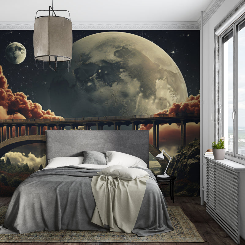 Cosmic desert mural in gaming room with planetary view
