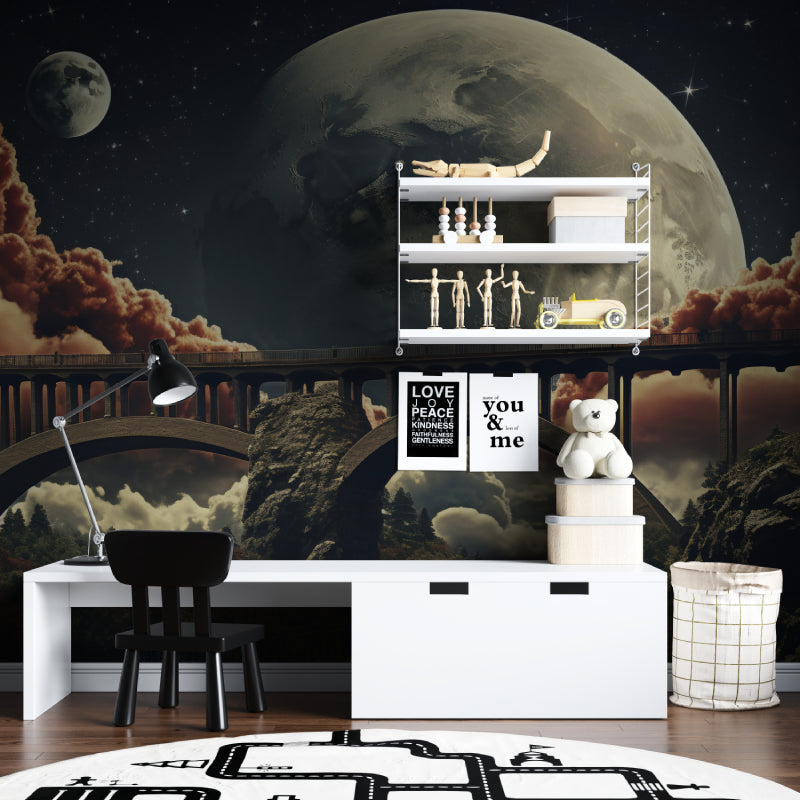 Space wallpaper featuring bridge and cacti in teen bedroom