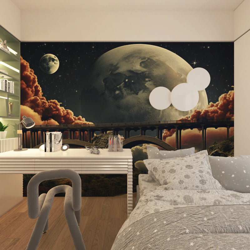 Planetary wallpaper in meditation room with desert bridge