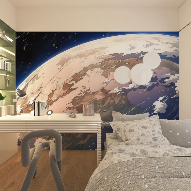 Planet wallpaper mural showcased in teenage bedroom with gaming setup