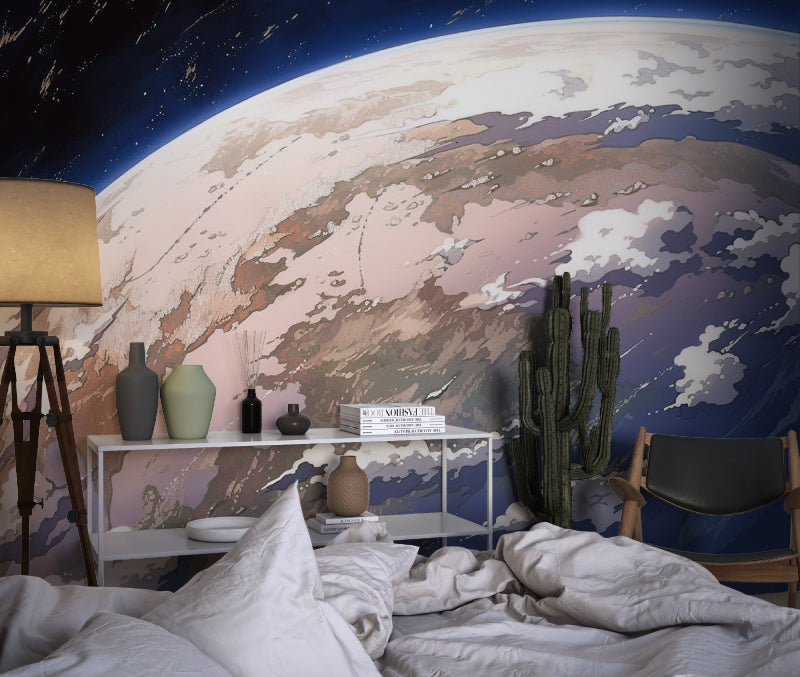 Galaxy wall mural transforming home office space with dramatic planetary view