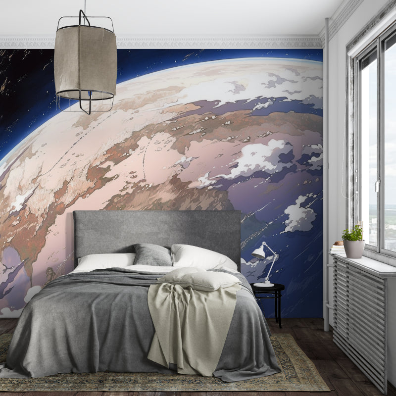 Space themed wall mural in contemporary dining room with mood lighting