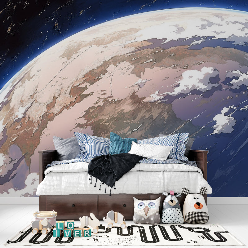 Cosmic wallpaper installation in minimalist bedroom showing scale