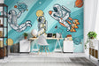 Space themed wallpaper with playful astronauts displayed in a modern kids bedroom, creating an inspiring learning environment