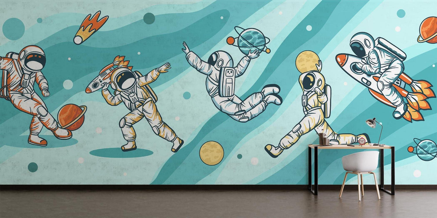 Astronaut wall mural bringing cosmic adventure to life in a cozy playroom setting with reading nook