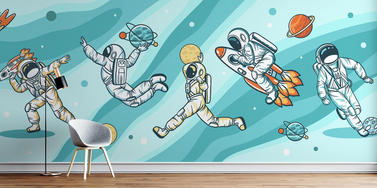 Space wallpaper featuring astronauts and planets installed in a modern nursery with minimal furniture