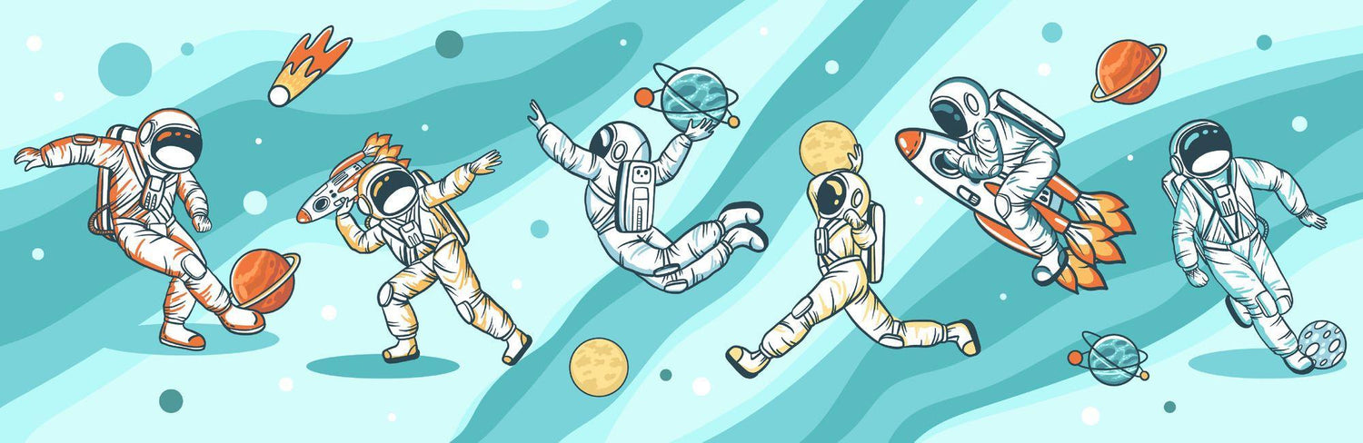 Design file of turquoise space wallpaper with floating astronauts and orange planets pattern