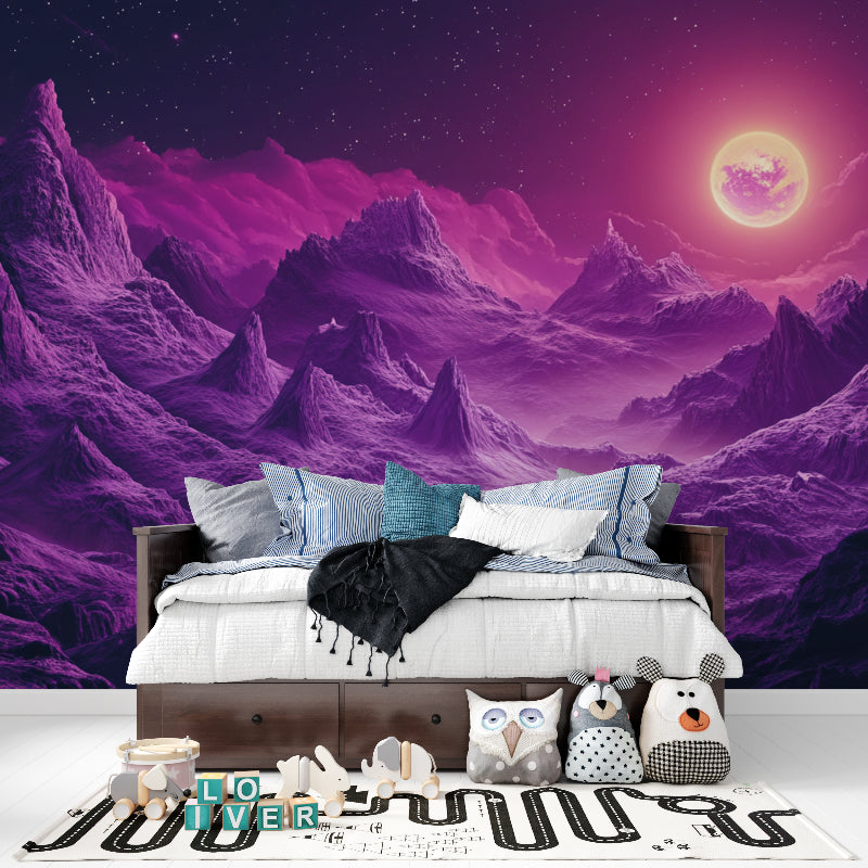 Purple mountain space wallpaper creating a cozy atmosphere in a modern bedroom with ambient lighting