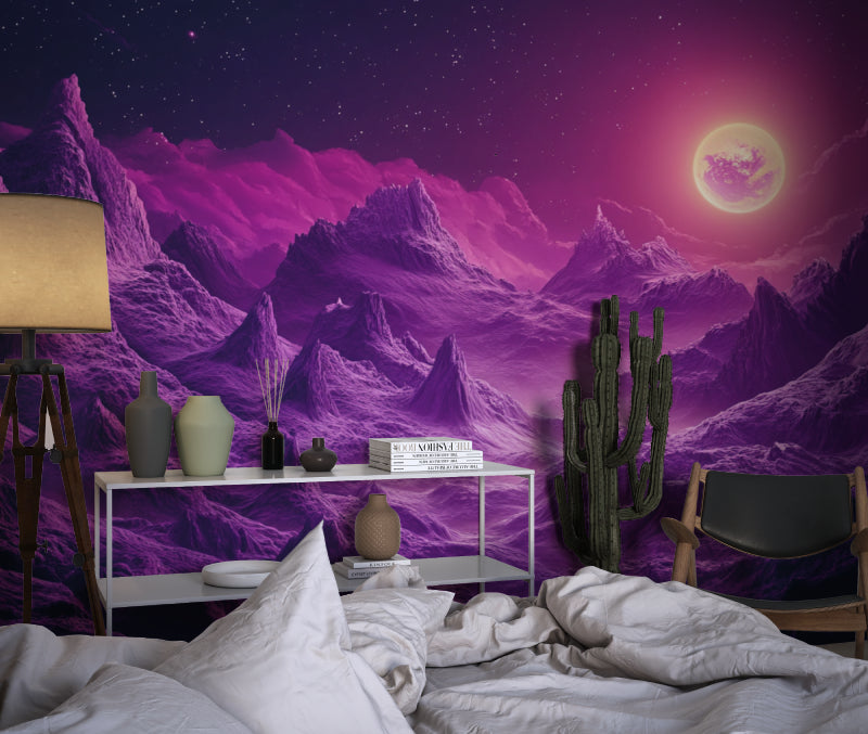 Fantasy space mural in a living room showcasing the dramatic purple mountains under moonlight