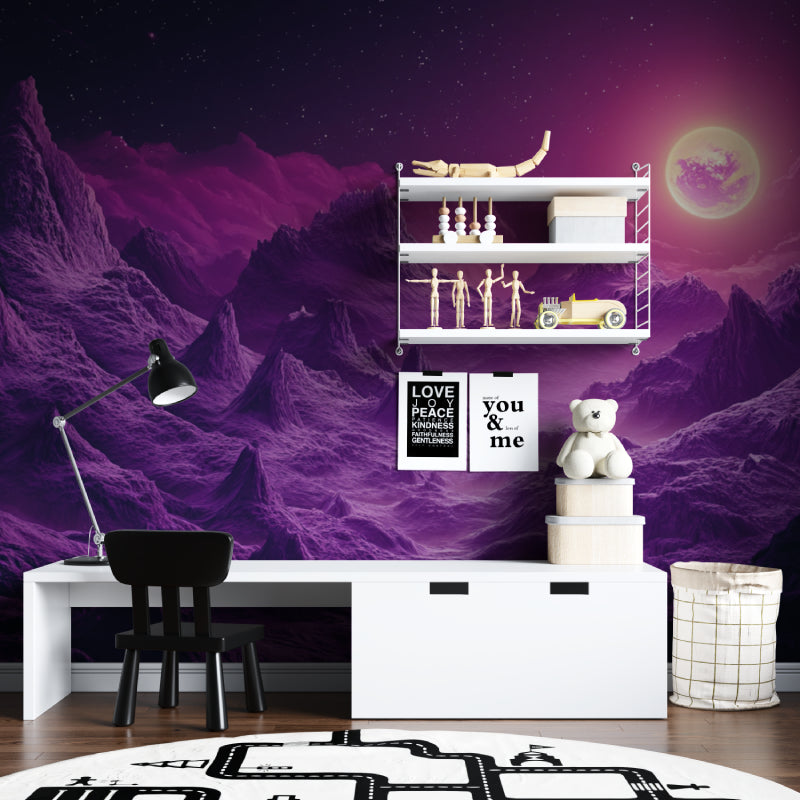 Mountain wallpaper with moon transforming a home office into a peaceful sanctuary