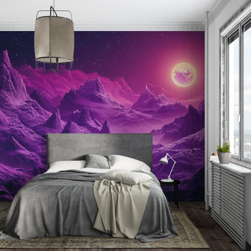 Purple mountain mural adding depth to a minimalist dining room setting