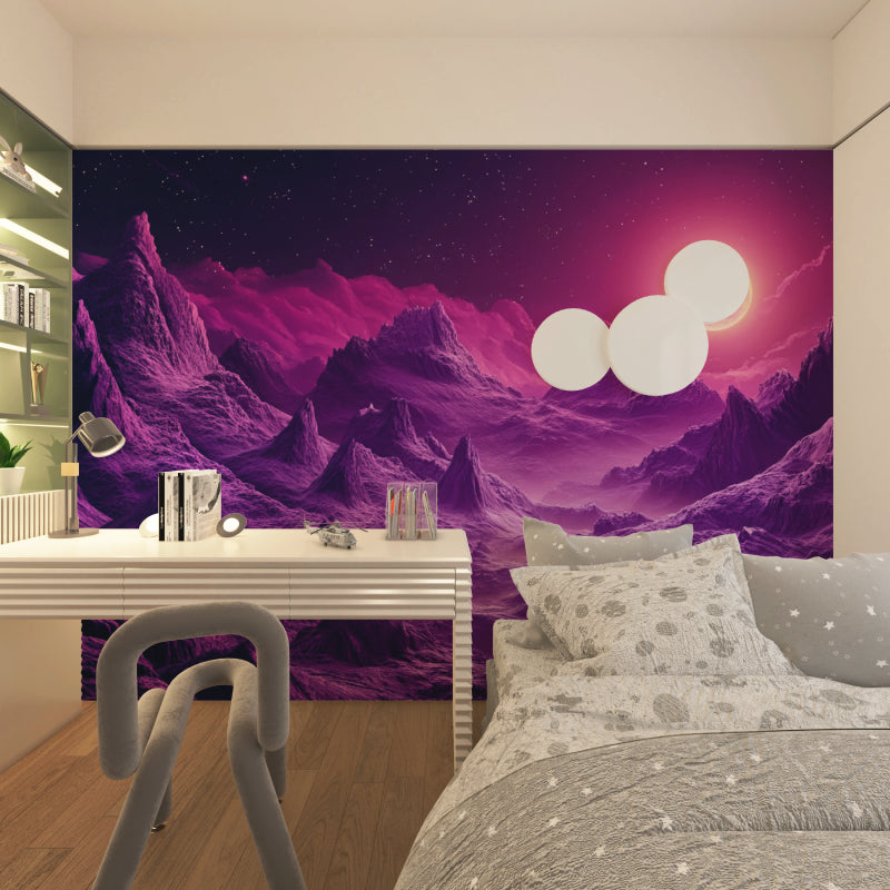 Space wallpaper installation in a teen's room highlighting the dreamy night sky effect