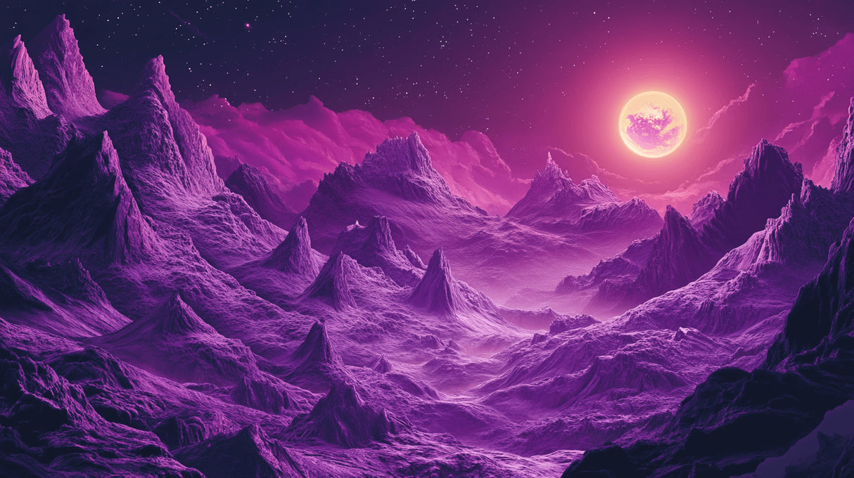 Design file showing detailed purple mountain and moon pattern with rich celestial details