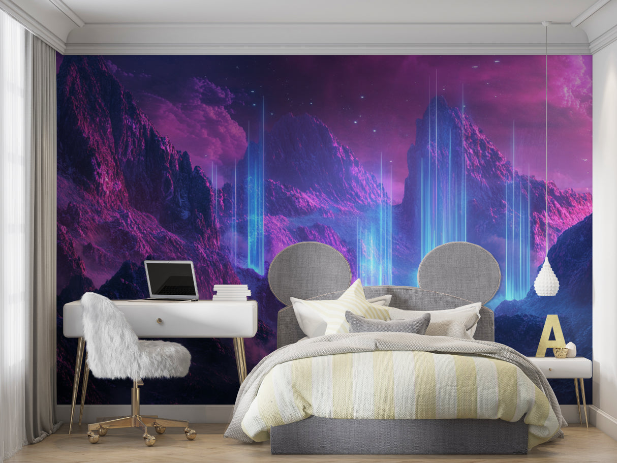 Space galaxy wallpaper in modern teen bedroom showing purple mountains and blue light beams