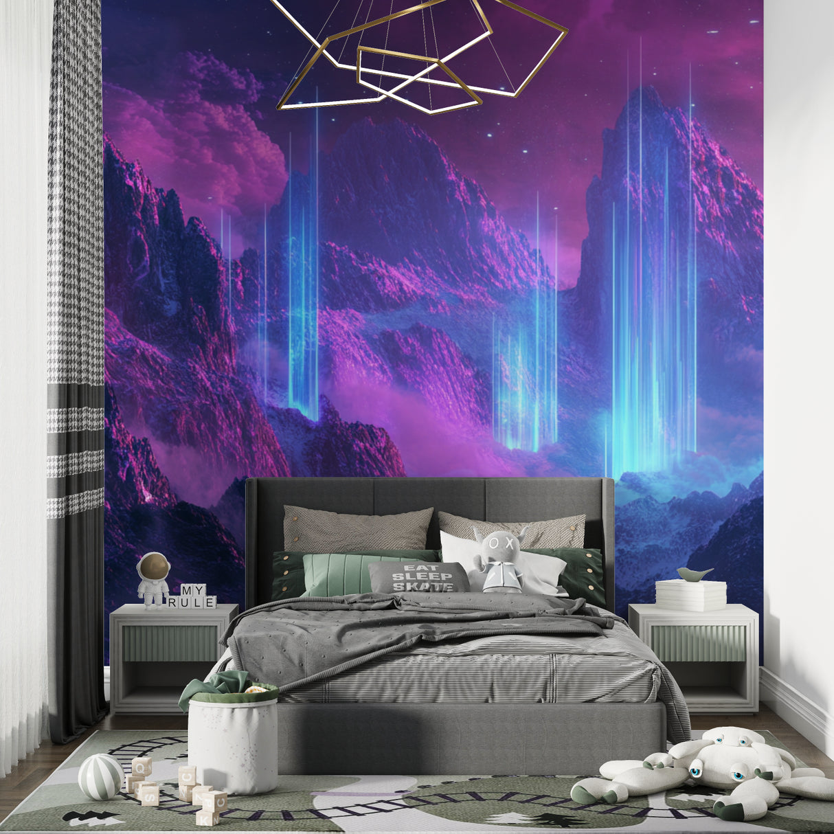 Purple galaxy wallpaper creating cosmic atmosphere in gaming room