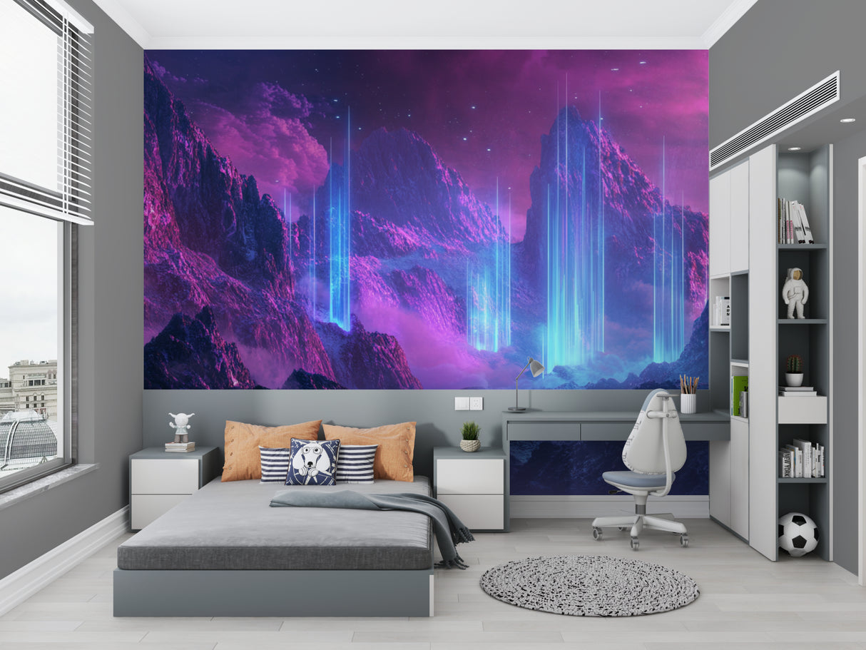 Mountain galaxy mural bringing space theme to kid's bedroom